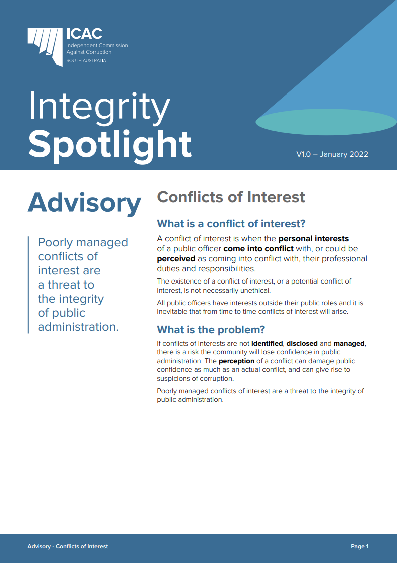 Cover of the Integrity Spotlight advisory regarding conflicts of interest