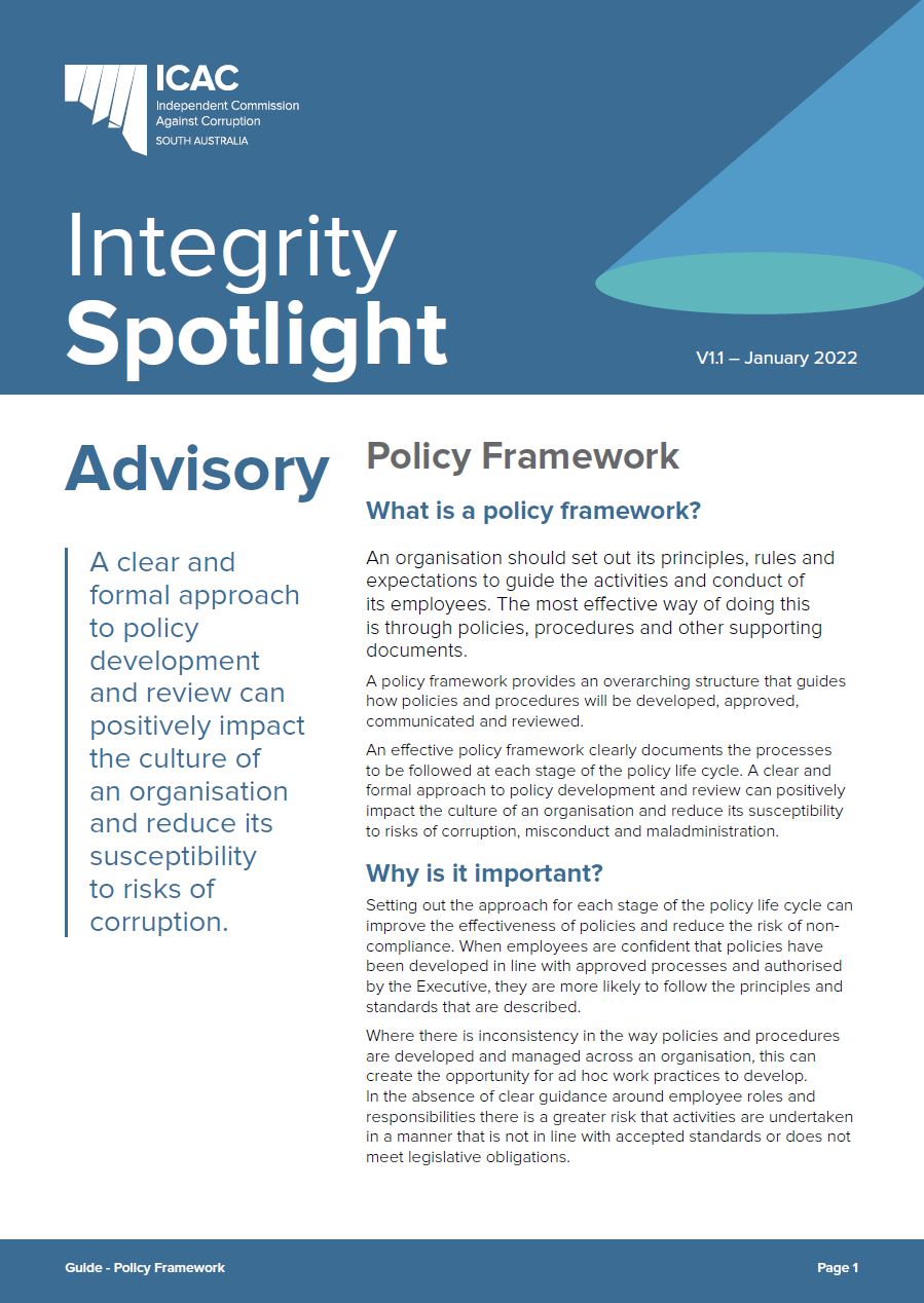 Cover of the Integrity Spotlight guide to policy framework