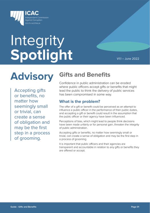 Image of the cover of the Gifts and Benefits Integrity Spotlight